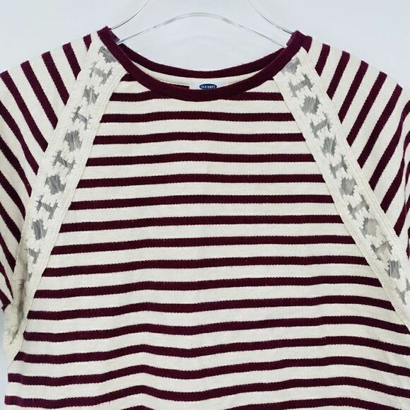 Old Navy Size XS Cream & Maroon Striped Lace Inset Short Sleeve Boxy Top - Picture 2 of 7